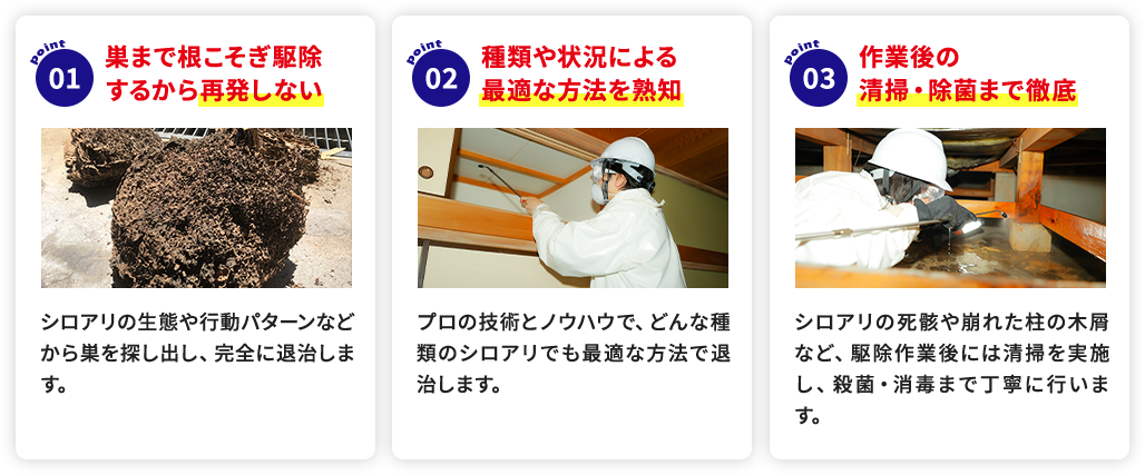 01巣まで根こそぎ駆除するから再発しない 02種類や状況による最適な方法を熟知 03作業後の清掃・除菌まで徹底