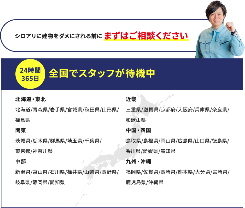 シロアリに建物をダメにされる前にまずはご相談ください 24時間365日 全国でスタッフが待機中