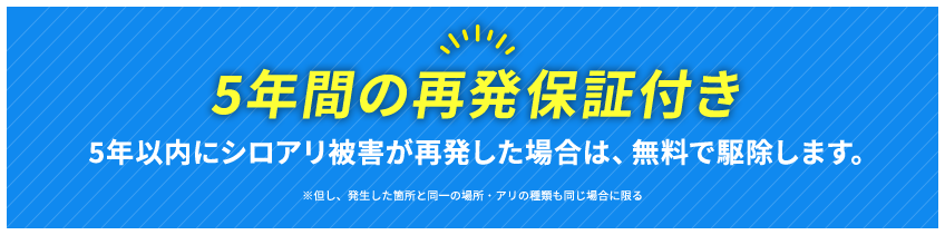 5年間の再発保証付き 5年以内にシロアリ被害が再発した場合は、無料で駆除します。